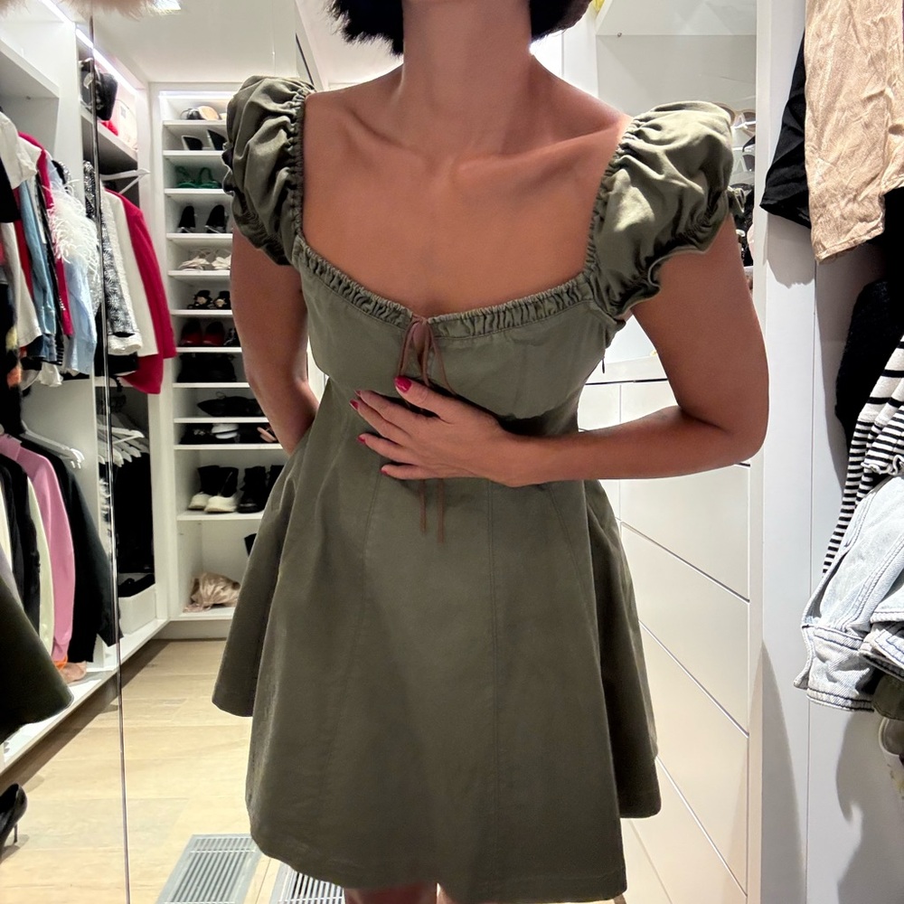 Olive Green Puff Sleeve Mini Dress Corset Style - Picture 2 of 6